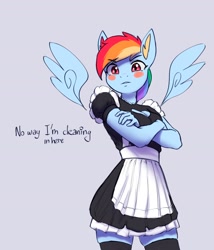 Size: 3232x3774 | Tagged: safe, artist:mrscroup, rainbow dash, pegasus, anthro, adorasexy, blush sticker, blushing, boob window, clothes, crossed arms, cute, dashabetes, embarrassed, floating wings, frown, high res, looking at you, maid, rainbow maid, sexy, simple background, skindentation, skirt, socks, stupid sexy rainbow dash, text, thigh highs, wings, zettai ryouiki