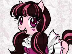 Size: 900x675 | Tagged: safe, artist:bbqgoth, pony, vampire, vampony, cute, cute little fangs, draculaura, fangs, female, looking at you, mare, monster high, ponified, solo, wingless