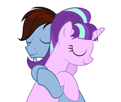 Size: 886x744 | Tagged: safe, artist:culu-bluebeaver, starlight glimmer, oc, oc:bluehooves, earth pony, pony, unicorn, comic:the newcomer, g4, eyes closed, female, glimmooves, hug, male, mare, png, s5 starlight, simple background, smiling, stallion, straight, transparent background