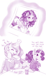 Size: 1100x1820 | Tagged: safe, artist:dstears, princess celestia, rarity, alicorn, pony, unicorn, g4, my little pony: the manga, my little pony: the manga volume 3, spoiler:manga3, 80s, alternate hairstyle, blazer, blushing, clothes, coffee, crying, ear piercing, earring, embarrassed, female, fully clothed, glowing horn, headband, horn, jewelry, laughing, magic, mare, monochrome, necklace, open mouth, picture, piercing, retro, table, tears of laughter, teary eyes, telekinesis