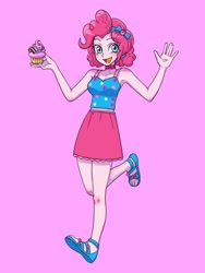Size: 1620x2160 | Tagged: safe, artist:haibaratomoe, pinkie pie, equestria girls, equestria girls specials, g4, my little pony equestria girls: better together, my little pony equestria girls: spring breakdown, bare shoulders, cupcake, cute, diapinkes, feet, food, geode of sugar bombs, magical geodes, pink background, sandals, simple background, sleeveless, solo
