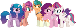 Size: 1024x386 | Tagged: safe, artist:emeraldblast63, hitch trailblazer, izzy moonbow, pipp petals, sunny starscout, zipp storm, earth pony, pegasus, pony, unicorn, g4, g5, braid, colored wings, female, g4 style, g5 to g4, male, mane five, mare, multicolored wings, raised hoof, red eyes, red-eyed pipp, redesign, simple background, smiling, stallion, transparent background, wings