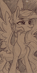 Size: 4094x7983 | Tagged: safe, artist:faline-art, princess celestia, alicorn, pony, absurd file size, absurd resolution, chest fluff, female, mare, monochrome, png, smiling, solo, spread wings, traditional art, wings