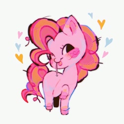 Size: 1024x1024 | Tagged: safe, artist:dizzychelsy, pinkie pie, earth pony, pony, g4, :p, blush sticker, blushing, cute, diapinkes, female, heart, mare, missing cutie mark, one eye closed, simple background, solo, tongue out, wink