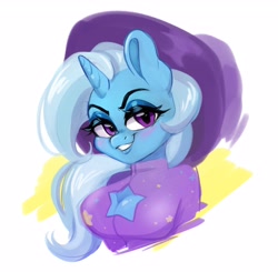 Size: 4096x4009 | Tagged: safe, artist:techycutie, trixie, unicorn, anthro, g4, blushing, boob window, breasts, busty trixie, cleavage, lidded eyes, looking at you, smiling