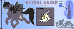 Size: 3684x1464 | Tagged: safe, artist:dragonwithcoffee, oc, oc only, oc:astral gazer, alicorn, bat pony, bat pony alicorn, pony, alicorn oc, bat wings, chest fluff, cutie mark, fangs, full body, heterochromia, horn, male, reference sheet, size difference, wings