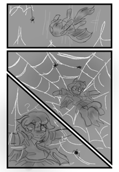 Size: 960x1384 | Tagged: safe, artist:belle_bonni, oc, oc only, oc:xuan mai, bat pony, pony, spider, comic:spelunker, bat pony oc, black and white, cave, comic, commission, grayscale, monochrome, peril, question mark, solo, spider web
