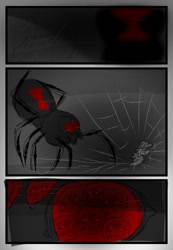 Size: 960x1384 | Tagged: safe, artist:belle_bonni, oc, oc only, oc:xuan mai, bat pony, black widow, giant spider, pony, spider, comic:spelunker, bat pony oc, beast, cave, comic, commission, eye contact, looking at each other, monster, oh shit, peril, scared, solo, spider web, this will end in pain, this will end in tears
