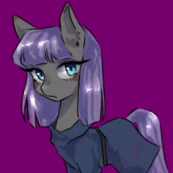 Size: 1653x1653 | Tagged: safe, artist:silkyunii, maud pie, earth pony, pony, g4, ear fluff, female, looking at you, mare, purple background, simple background, solo