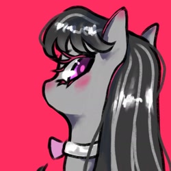Size: 1653x1653 | Tagged: safe, artist:silkyunii, octavia melody, earth pony, pony, g4, bowtie, bust, colored pupils, female, looking back, mare, pink background, portrait, simple background, solo