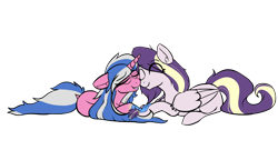 Size: 2000x1080 | Tagged: safe, anonymous artist, oc, oc only, oc:alto legato, oc:azure serenity, pegasus, pony, unicorn, boop, cute, eyes closed, glasses, holding hooves, lying down, noseboop, shipping, simple background, transparent background