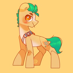 Size: 3000x3000 | Tagged: safe, artist:cocopudu, hitch trailblazer, earth pony, pony, g5, blushing, high res, looking at you, male, orange background, simple background, solo, stallion, white pupils