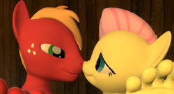 Size: 708x383 | Tagged: safe, artist:hectorlongshot, edit, big macintosh, fluttershy, earth pony, anthro, g4, 3d, barefoot, boop, cropped, feet, female, lidded eyes, looking into each others eyes, male, noseboop, ship:fluttermac, shipping, smiling, straight, toes