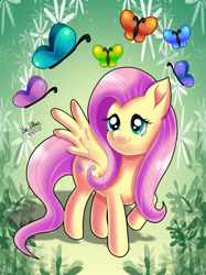 Size: 1280x1707 | Tagged: safe, artist:star-shiner, fluttershy, butterfly, pegasus, pony, g4, cute, daaaaaaaaaaaw, female, mare, raised hoof, shyabetes, smiling, solo, spread wings, standing, turned head, wings