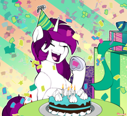 Size: 1919x1748 | Tagged: safe, artist:breloomsgarden, oc, oc only, oc:curiosity cosmos, pony, unicorn, ambiguous gender, birthday, cake, cheering, confetti, eyes closed, food, hat, party, party hat, raised hoof, solo, table, underhoof, whipped cream