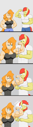 Size: 1848x7056 | Tagged: safe, artist:matchstickman, bright mac, pear butter, earth pony, anthro, g4, abs, armpits, biceps, breasts, busty pear butter, clothes, comic, deltoids, duo, female, flexing, gray background, male, mare, matchstickman's pear buffer series, measuring tape, might mac, muscles, no dialogue, pear buffer, pecs, ship:brightbutter, shipping, shirt, simple background, smack, stallion, straight