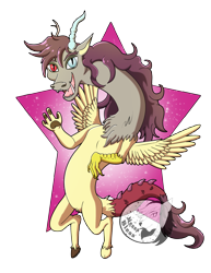 Size: 2550x3300 | Tagged: safe, artist:miss-nessa, oc, oc only, oc:elegrace flux, draconequus, hybrid, bipedal, blue eye, chest fluff, cloven hooves, draconequus oc, fangs, female, futurehooves, high res, hooves, horns, interspecies offspring, long hair, long neck, long tail, looking at you, mismatched horns, next gen:futurehooves, offspring, open mouth, parent:discord, parent:fluttershy, parents:discoshy, paw pads, red eye, simple background, smiling, solo, spread wings, stars, thick eyebrows, transparent background, waving, wavy hair, wavy tail, wings