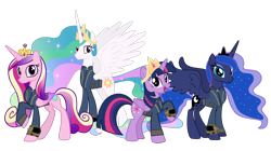 Size: 5360x3008 | Tagged: safe, artist:alandssparkle, artist:andoanimalia, artist:php170, princess cadance, princess celestia, princess luna, twilight sparkle, alicorn, pony, fallout equestria, g4, the last problem, absurd resolution, alicorn tetrarchy, alicorn triarchy, clothes, crown, facing you, fallout, female, group, implied wing hole, jewelry, jumpsuit, looking at you, mare, pipboy, regalia, royal sisters, siblings, simple background, sisters, smiling, smiling at you, transparent background, twilight sparkle (alicorn), vault suit, vector
