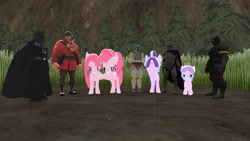 Size: 1360x768 | Tagged: safe, artist:nightmenahalo117, diamond tiara, pinkie pie, starlight glimmer, earth pony, human, unicorn, g4, 3d, anakin skywalker, black panther, boba fett, captain phasma, chadwick boseman, crossover, crying, darth vader, female, filly, male, mare, marvel, memorial, rick may, source filmmaker, star wars, team fortress 2, tears of sadness, teary eyes