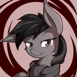 Size: 2000x2000 | Tagged: safe, artist:theparagon, oc, oc only, bat pony, pony, abstract background, bust, clothes, floppy ears, high res, lidded eyes, looking at you, portrait, scarf, solo