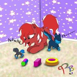 Size: 4096x4096 | Tagged: safe, oc, oc:redbean, female, filly, playing, toy, wallpaper