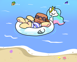 Size: 1500x1200 | Tagged: safe, artist:paperbagpony, princess celestia, oc, oc:paper bag, inflatable pony, pony, shark, g4, beach, clothes, cute, female, female focus, floaty, goggles, inflatable, inflatable alicorn, inflatable toy, inner tube, ocean, one-piece swimsuit, pool toy, sand, seashell, solo focus, spongebob squarepants, swimsuit