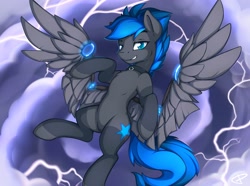 Size: 3500x2600 | Tagged: safe, artist:theparagon, oc, oc only, oc:vibrant star, earth pony, pony, artificial wings, augmented, collar, high res, looking at you, male, mechanical wing, smiling, smirk, spread wings, stallion, wings
