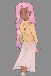 Size: 952x1417 | Tagged: safe, artist:nakkipng, fluttershy, human, g4, clothes, cute, cutie mark accessory, cutie mark necklace, dark skin, gray background, humanized, jewelry, long skirt, necklace, shyabetes, simple background, skirt, solo