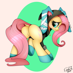 Size: 5000x5000 | Tagged: safe, artist:emilywulfstudios, fluttershy, pegasus, pony, g4, animal costume, blushing, bunny costume, bunny ears, bunnyshy, butt, clothes, costume, dangerous mission outfit, dock, featureless crotch, female, flutterbutt, hoodie, looking at you, looking back, looking back at you, mare, nervous, plot, profile, rear view, solo