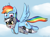 Size: 2304x1696 | Tagged: safe, artist:heretichesh, rainbow dash, oc, oc:bandy cyoot, hybrid, pegasus, pony, raccoon, raccoon pony, g4, birthday gift, blushing, cloud, duo, female, filly, flying, happy, mare, wings