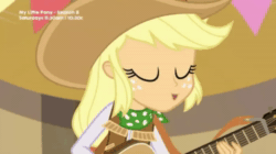 Size: 698x390 | Tagged: safe, edit, edited screencap, screencap, applejack, equestria girls, equestria girls series, g4, animated, cowboy hat, cowgirl, cute, female, guitar, hat, jackabetes, looking at you, musical instrument, old town road, one eye closed, singing, sound, stetson, webm, wink