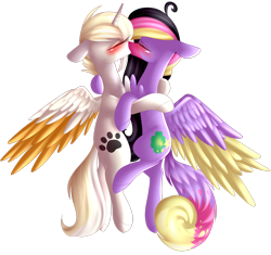 Size: 2528x2372 | Tagged: safe, artist:mediasmile666, oc, oc only, alicorn, pegasus, pony, alicorn oc, blushing, colored muzzle, duo, female, floppy ears, high res, horn, kissing, mare, simple background, transparent background, two toned wings, wings