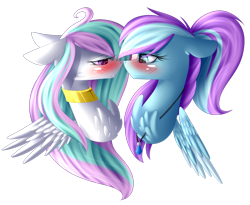 Size: 2706x2216 | Tagged: safe, artist:mediasmile666, oc, oc only, pegasus, pony, blushing, chest fluff, choker, duo, female, floppy ears, high res, jewelry, looking at each other, mare, pendant, ponytail, simple background, transparent background
