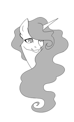 Size: 1901x3155 | Tagged: safe, artist:valkyrie-girl, oc, oc only, oc:princess corona, alicorn, pony, alicorn oc, bust, female, grayscale, horn, mare, monochrome, portrait, simple background, solo, transparent background