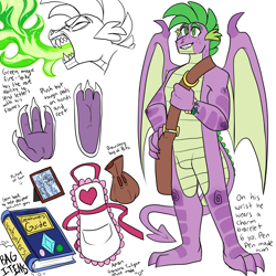 Size: 3000x3000 | Tagged: safe, artist:gingygin, spike, dragon, g4, adult, adult spike, apron, bag, book, clothes, fire, fire breath, high res, male, messenger bag, older, older spike, reference sheet, simple background, solo, white background, winged spike, wings