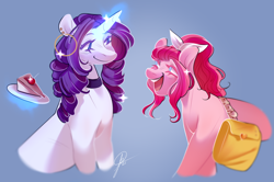 Size: 1350x896 | Tagged: dead source, safe, artist:birdbiscuits, pinkie pie, rarity, pony, g4, alternate hairstyle, bag, cake, food, magic, saddle bag