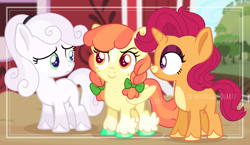 Size: 2568x1492 | Tagged: safe, artist:interstellar-quartz, artist:strawberry-spritz, apple bloom, scootaloo, sweetie belle, pony, amaryllisverse, g4, alternate universe, base used, cutie mark crusaders, female, filly, race swap, redesign