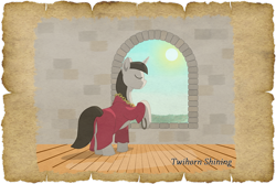 Size: 1280x854 | Tagged: safe, alternate version, artist:malte279, oc, oc:twihorn shining, pony, unicorn, my little pony: tails of equestria, clothes, npc, parchment, robe, robin hood, sheriff, sun, window