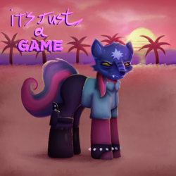 Size: 3000x3000 | Tagged: safe, artist:menalia, oc, oc only, oc:catrine, earth pony, pony, aesthetics, beach, boots, clothes, gloves, high res, hotline miami, knife, mask, ocean, palm tree, pants, shirt, shoes, solo, sun, text, tree, weapon