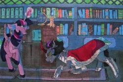 Size: 3157x2113 | Tagged: safe, artist:meno-chara, king sombra, twilight sparkle, alicorn, pony, unicorn, g4, bookshelf, candle, cape, clothes, duo, eye mist, female, glowing horn, high res, horn, library, male, mare, stallion, traditional art, twilight sparkle (alicorn)