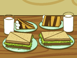 Size: 800x600 | Tagged: safe, artist:rangelost, cyoa:d20 pony, cake, cup, food, milk, no pony, pixel art, plate, sandwich