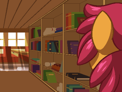 Size: 800x600 | Tagged: safe, artist:rangelost, oc, oc only, oc:trailblazer, earth pony, pony, cyoa:d20 pony, book, bookshelf, crepuscular rays, female, indoors, library, mare, pixel art, scroll, solo