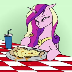 Size: 1200x1200 | Tagged: safe, artist:pony quarantine, princess cadance, alicorn, pony, g4, disgusted, drink, eating, female, floppy ears, food, mare, peetzer, pizza, solo, spitting, table, tongue out