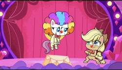 Size: 828x473 | Tagged: safe, screencap, applejack, fluttershy, earth pony, pegasus, pony, g4.5, lolly-pop, my little pony: pony life, apple, applejack's hat, bipedal, clown, clown makeup, clown nose, clown wig, cowboy hat, cute, duo focus, female, flutterclown, flying, food, hat, red nose, stage, tiny pop