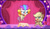 Size: 828x473 | Tagged: safe, screencap, applejack, fluttershy, earth pony, pegasus, pony, g4.5, lolly-pop, my little pony: pony life, spoiler:pony life s02e19, apple, applejack's hat, bipedal, clown, clown makeup, clown nose, clown wig, cowboy hat, cute, duo focus, female, flutterclown, flying, food, hat, red nose, stage, tiny pop