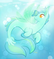 Size: 923x1000 | Tagged: safe, artist:janisar, oc, oc only, seapony (g4), bubble, crepuscular rays, dorsal fin, fin wings, fins, fish tail, flowing tail, orange eyes, signature, smiling, solo, sunlight, swimming, tail, underwater, water, wings