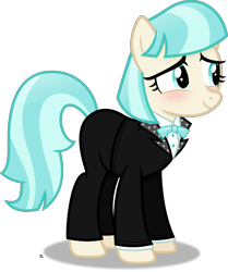 Size: 2583x3086 | Tagged: safe, artist:anime-equestria, coco pommel, earth pony, pony, g4, blushing, bowtie, clothes, female, happy, high res, mare, simple background, smiling, solo, suit, transparent background, tuxedo, vector