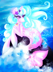 Size: 1280x1707 | Tagged: safe, artist:bubblegumbloo, oc, oc only, pony, seapony (g4), starfish, unicorn, blue mane, colored pupils, deviantart watermark, dorsal fin, eyelashes, female, fins, fish tail, flowing mane, flowing tail, horn, jewelry, necklace, obtrusive watermark, ocean, purple eyes, rock, seaponified, solo, species swap, sunlight, tail, water, watermark