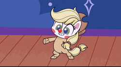 Size: 828x464 | Tagged: safe, screencap, applejack, earth pony, pony, g4.5, mad props, my little pony: pony life, spoiler:pony life s02e24, applejack's hat, bipedal, clown, clown makeup, clown nose, cowboy hat, female, hat, mare, pointing, red nose, solo, teeth