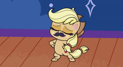 Size: 828x453 | Tagged: safe, screencap, applejack, earth pony, pony, g4.5, mad props, my little pony: pony life, spoiler:pony life s02e24, applejack's hat, bipedal, cowboy hat, eyes closed, fake moustache, female, hat, hooves on hips, solo